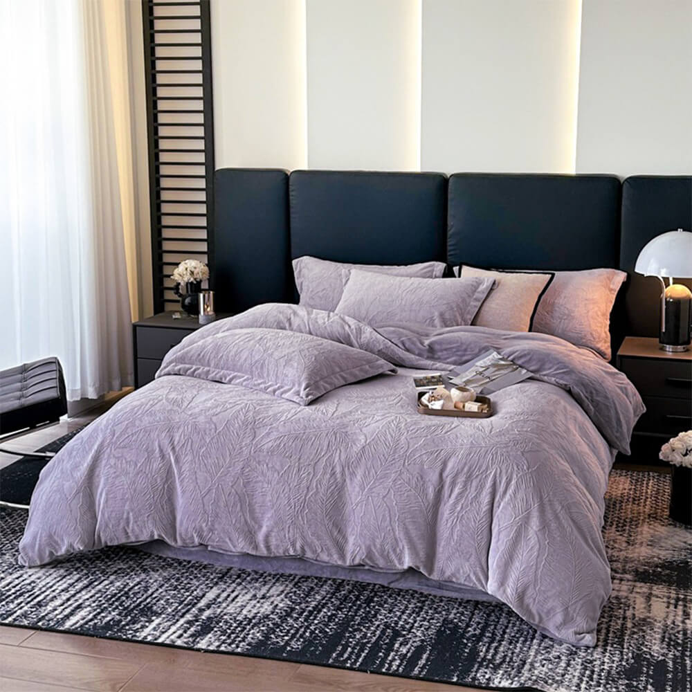 Juego de cama de terciopelo tibio en relieve natural en relieve de hoja