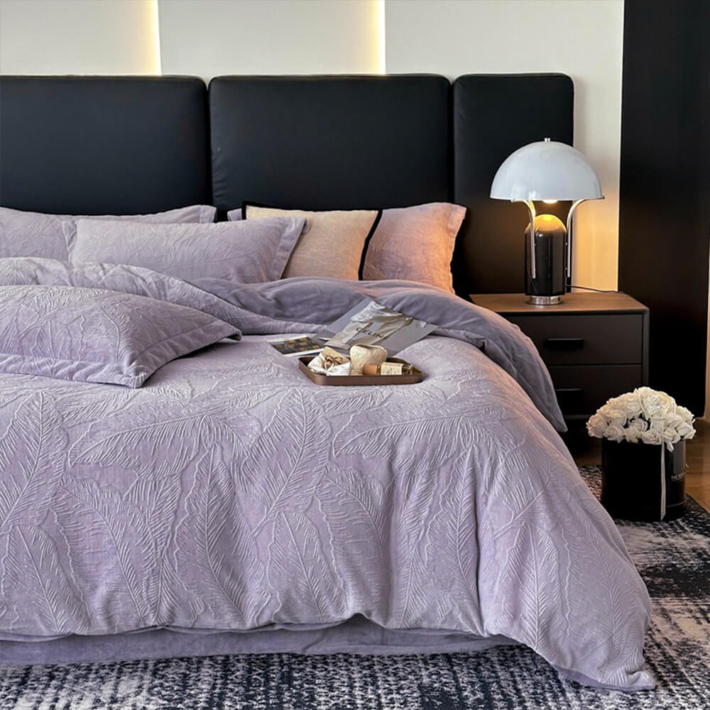 Juego de cama de terciopelo tibio en relieve natural en relieve de hoja