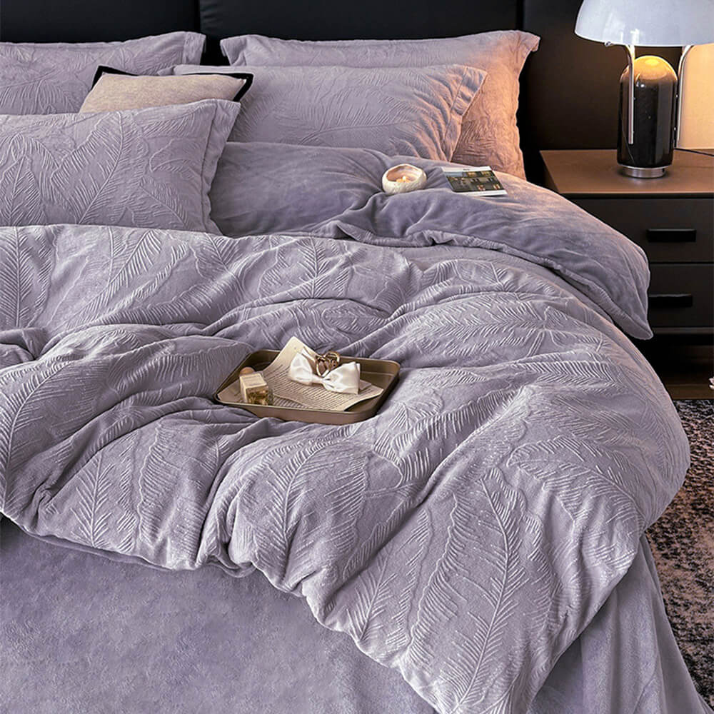 Juego de cama de terciopelo tibio en relieve natural en relieve de hoja