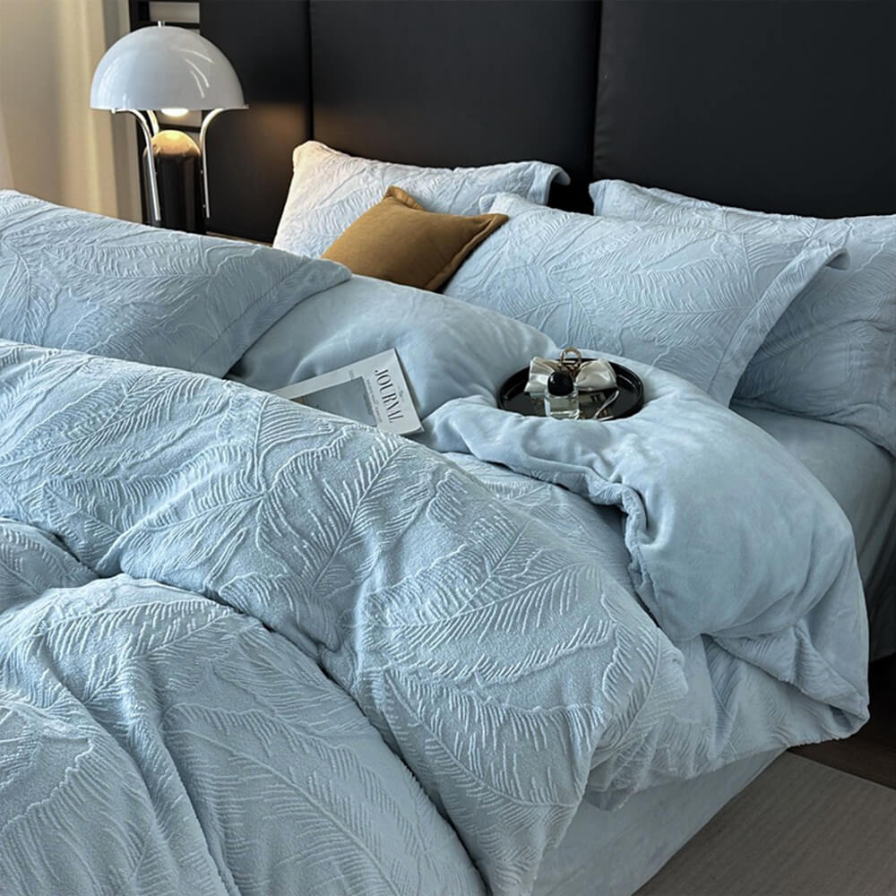 Juego de cama de terciopelo tibio en relieve natural en relieve de hoja