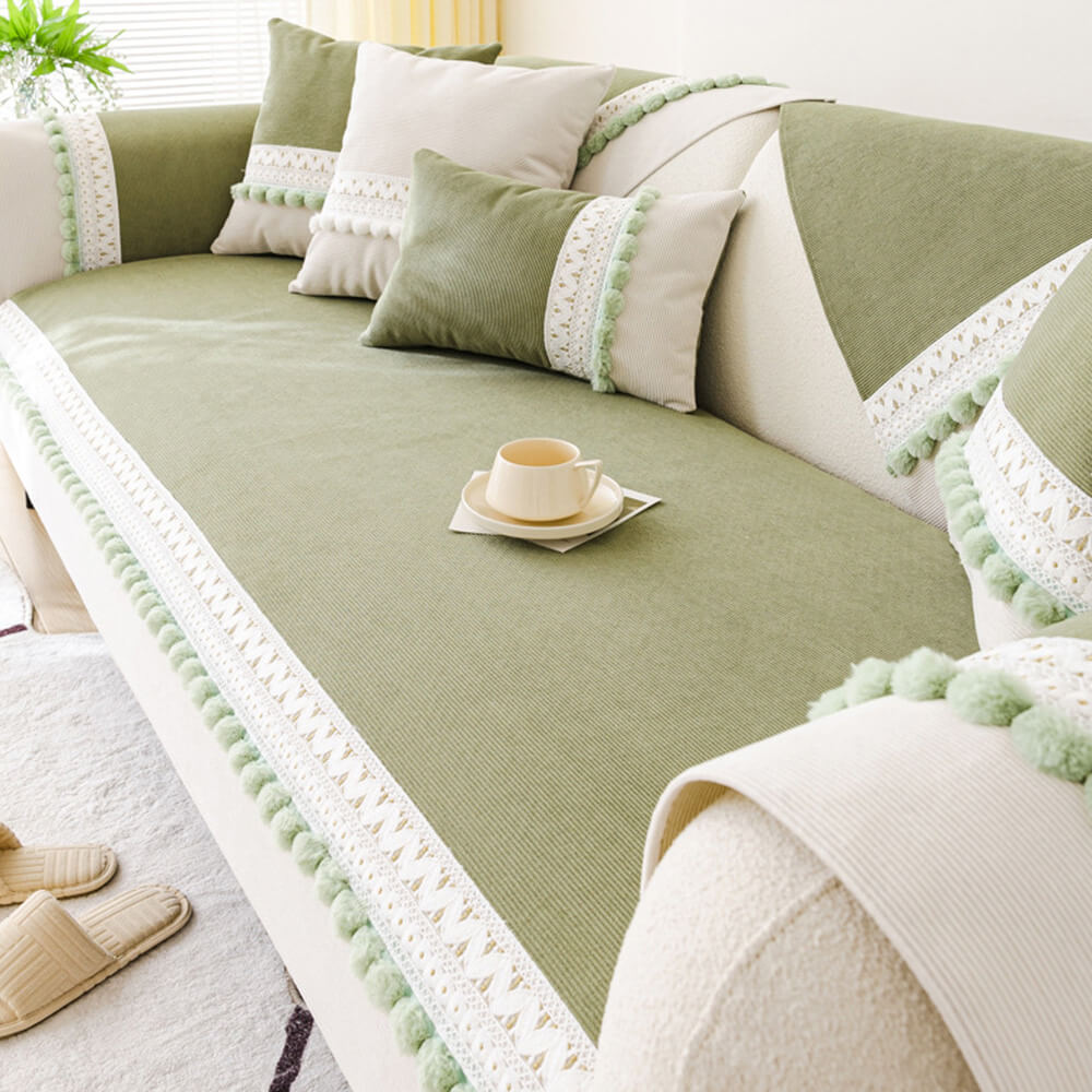 Cubierta de sofá de pana suave anti-scratch de pana suave impermeable para todas las estaciones con pompones