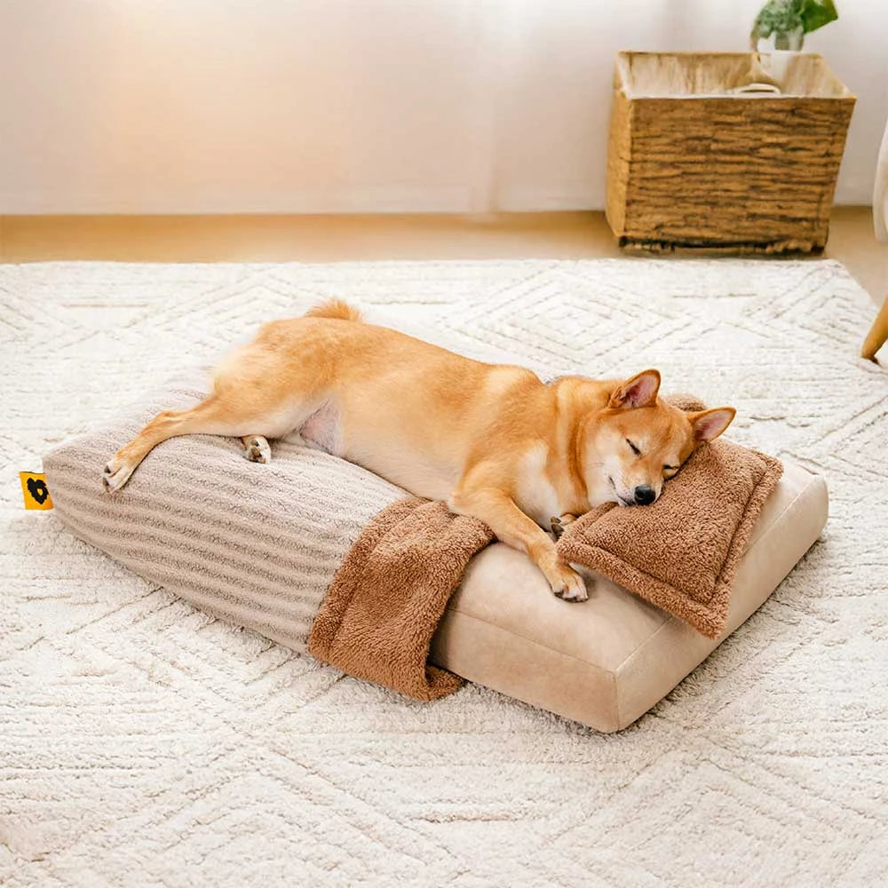 Cama de perros ortopédico de cueva de rayas de lujosa con almohada - Fluffywarm
