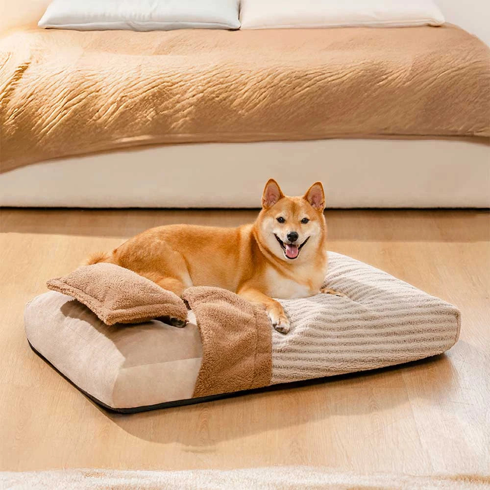 Cama de perros ortopédico de cueva de rayas de lujosa con almohada - Fluffywarm