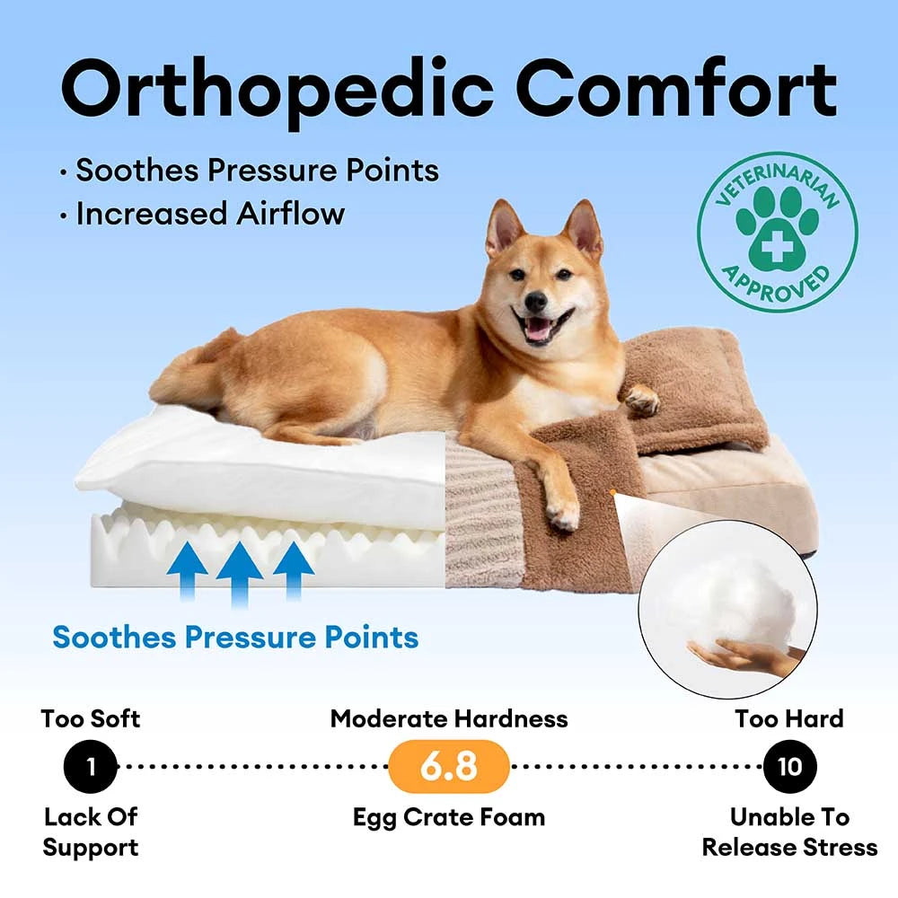 Cama de perros ortopédico de cueva de rayas de lujosa con almohada - Fluffywarm