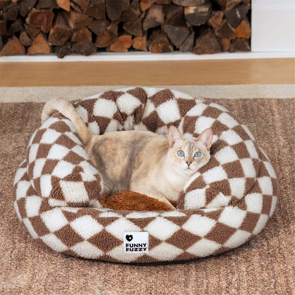 Cama clásica de gato de donas con bolsteras argyle - acogedor