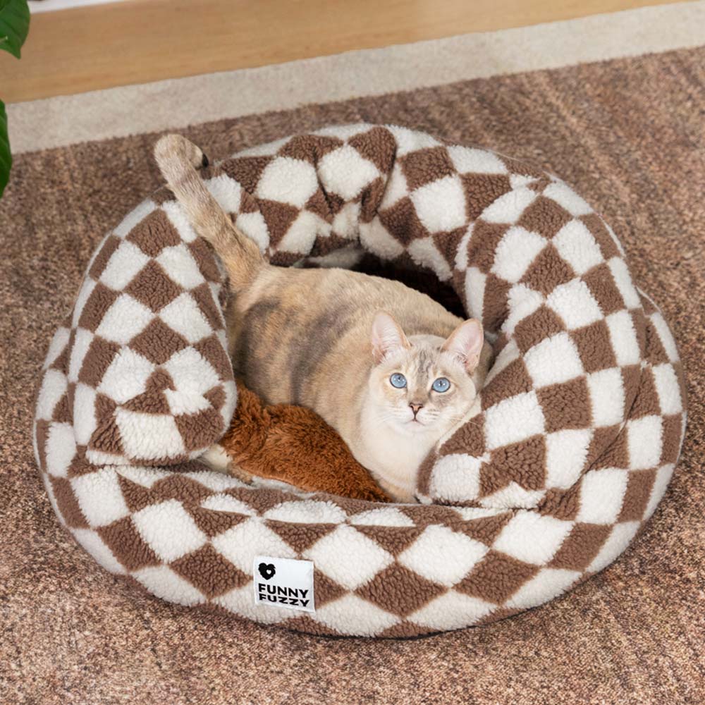 Cama clásica de gato de donas con bolsteras argyle - acogedor