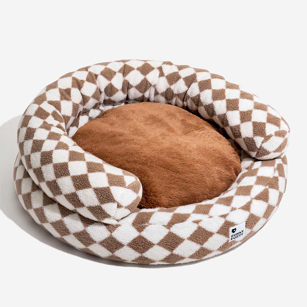 Cama clásica de gato de donas con bolsteras argyle - acogedor