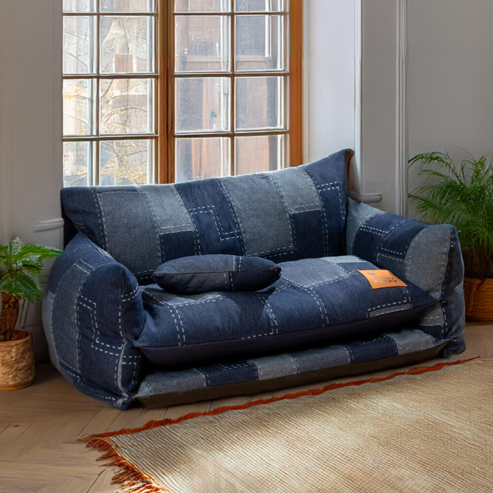 Canapé-lit Double couche pour animaux de compagnie, Style Patchwork en Denim, canapé-lit pour chien
