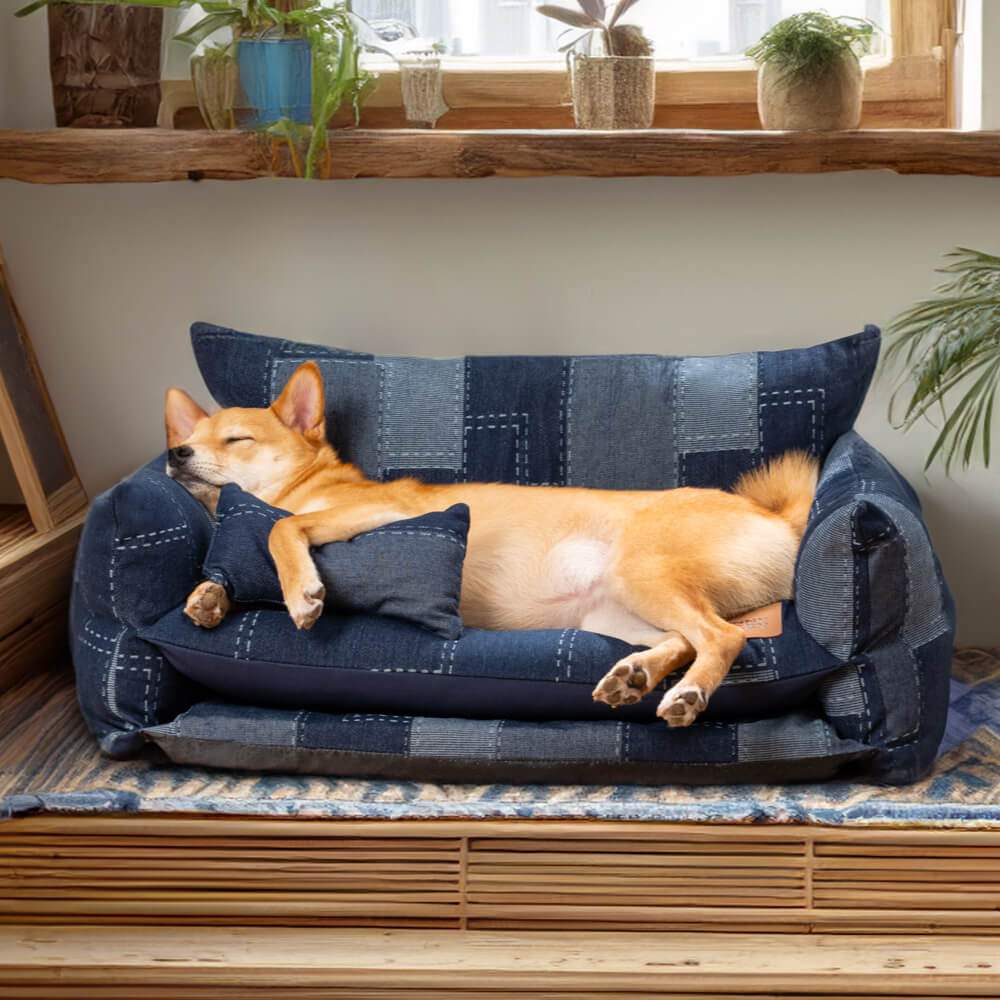 Canapé-lit Double couche pour animaux de compagnie, Style Patchwork en Denim, canapé-lit pour chien
