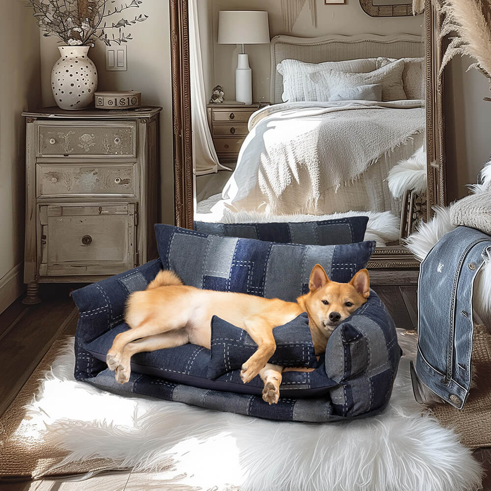 Canapé-lit Double couche pour animaux de compagnie, Style Patchwork en Denim, canapé-lit pour chien