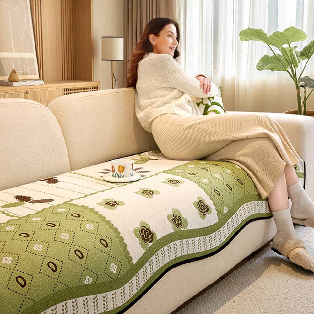 Chenille Scratch-resistant Fabric Pastoral Style Irregular Shaped Non-slip Couch Cover