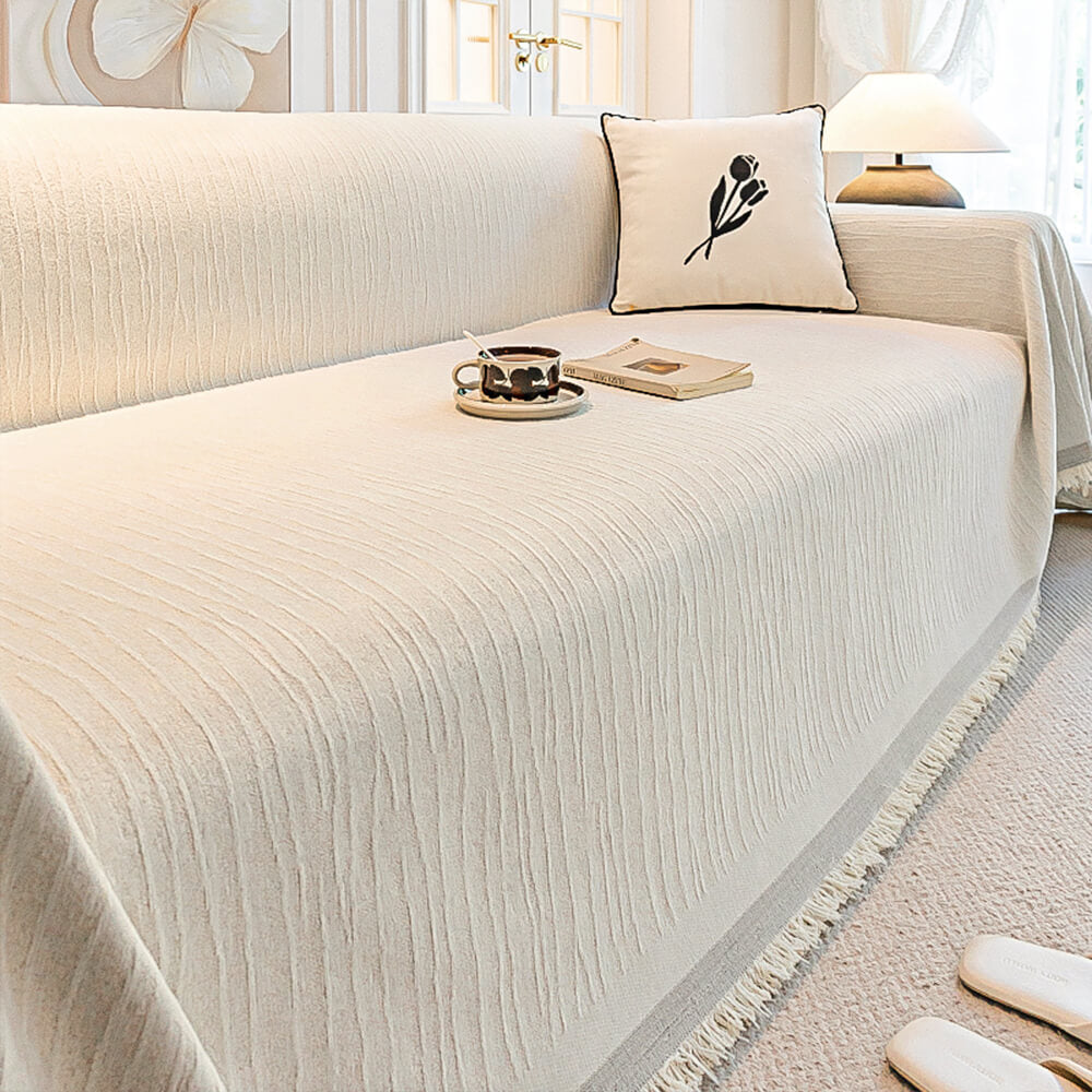 Cream Chenille Textured Pet-Friendly Anti-Scratch Throw Couch Cover