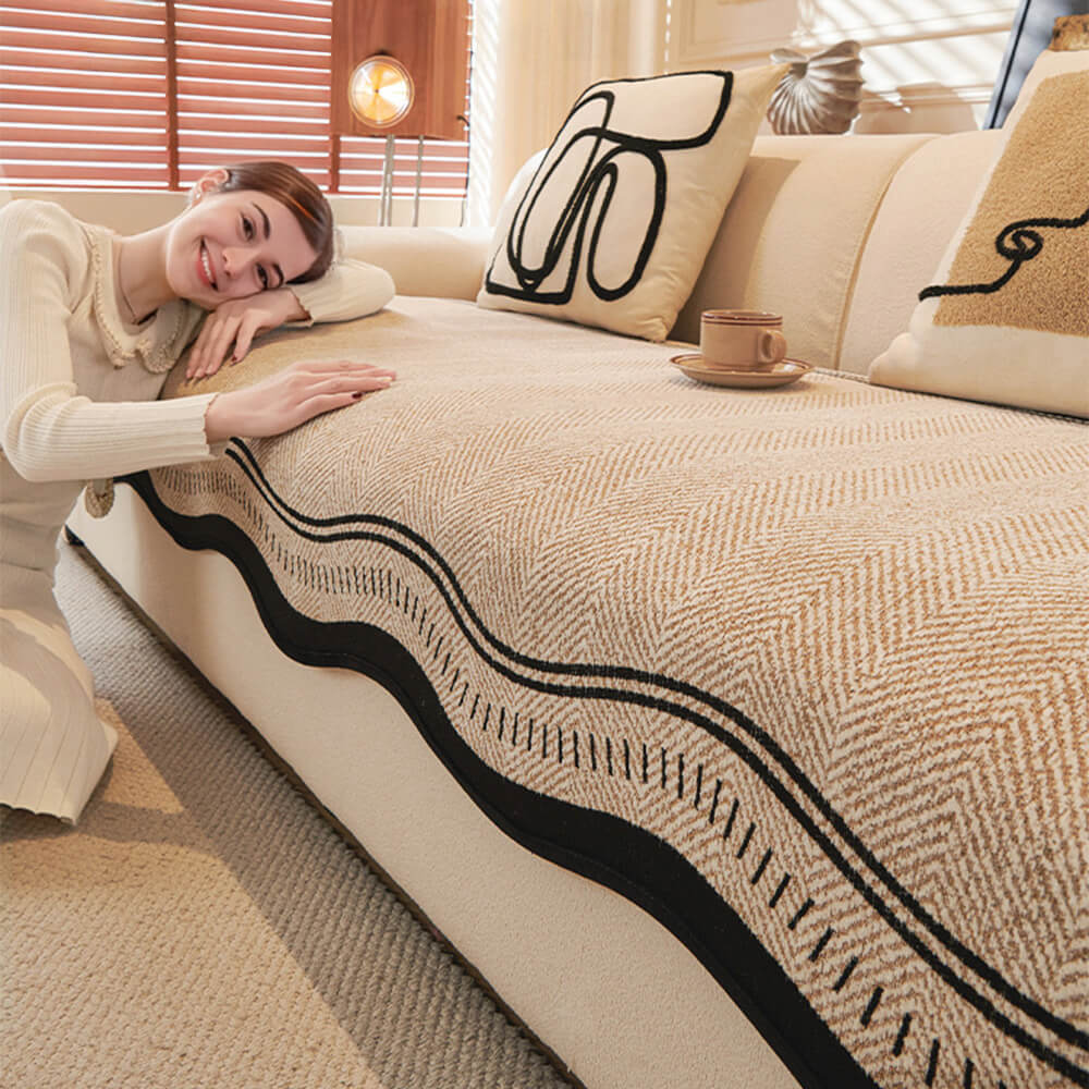 Non-Slip Herringbone Chenille Couch Cover with Wavy Edges