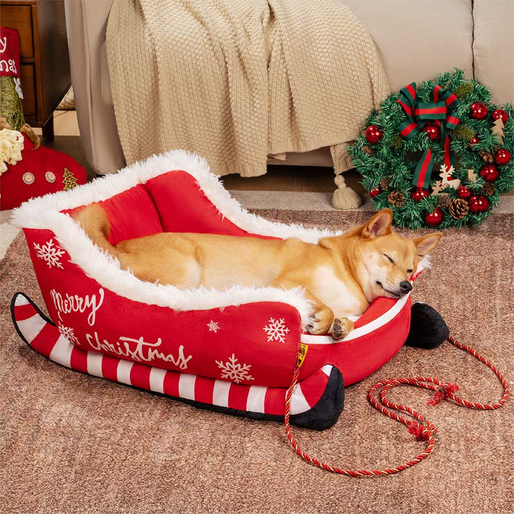Festliches, gemütliches Hundebett aus Plüsch – Weihnachtsschlitten