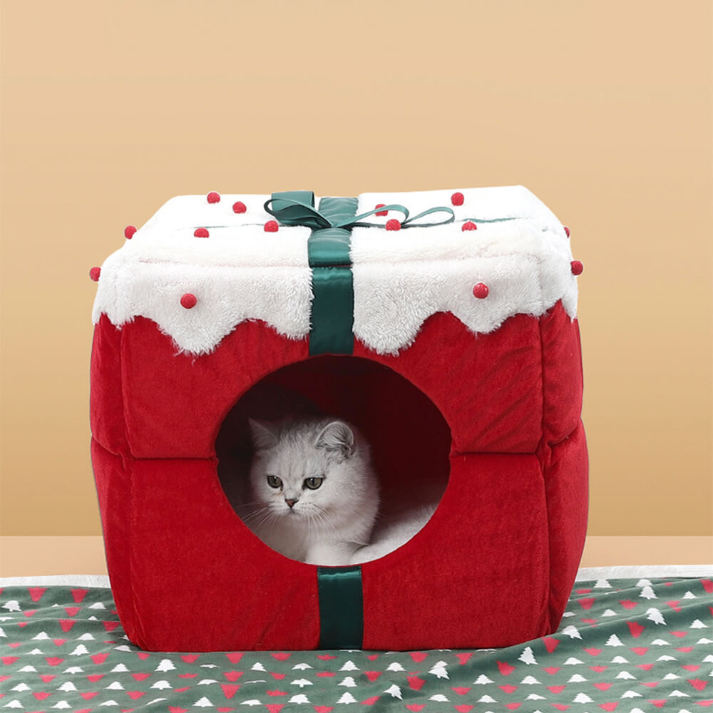 Caja de regalo de Navidad cálida cama semicerrada en la cueva y cama para perros y gatos