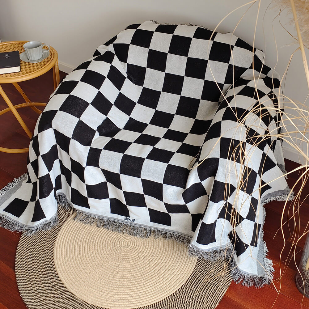 Couverture de canapé à franges en damier, bloc de couleurs