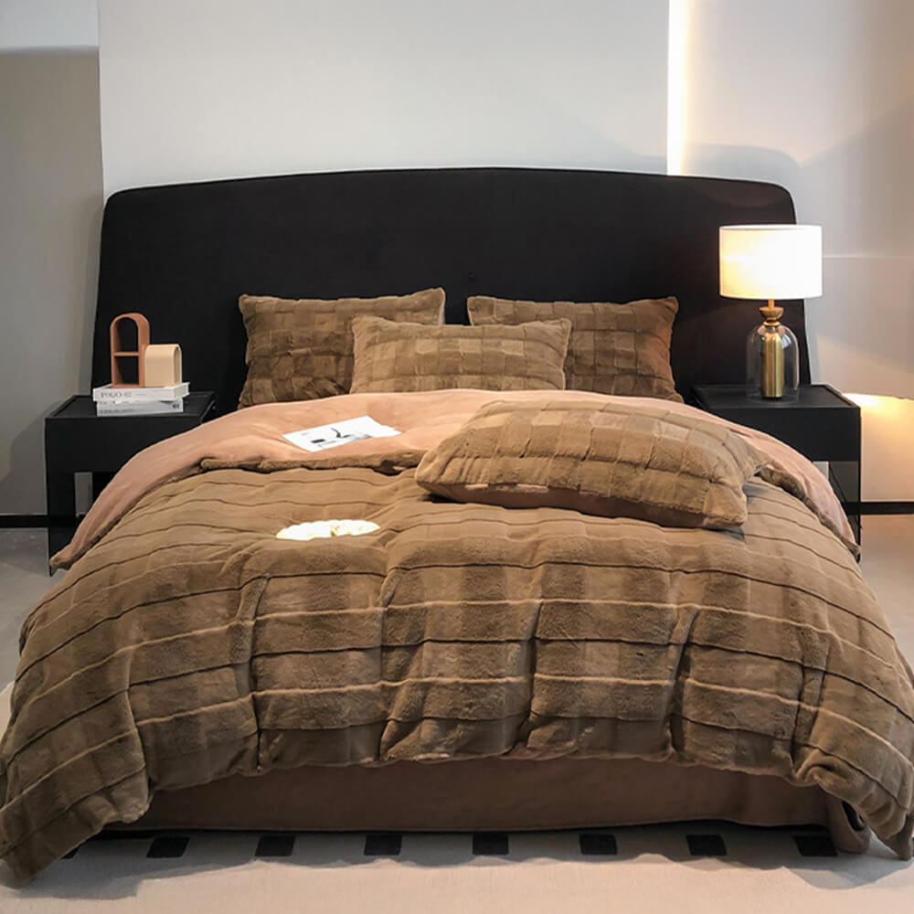 Elegante Faux Rabbit Fur Milk Velvet Conjunto de sábana acogedora de doble cara