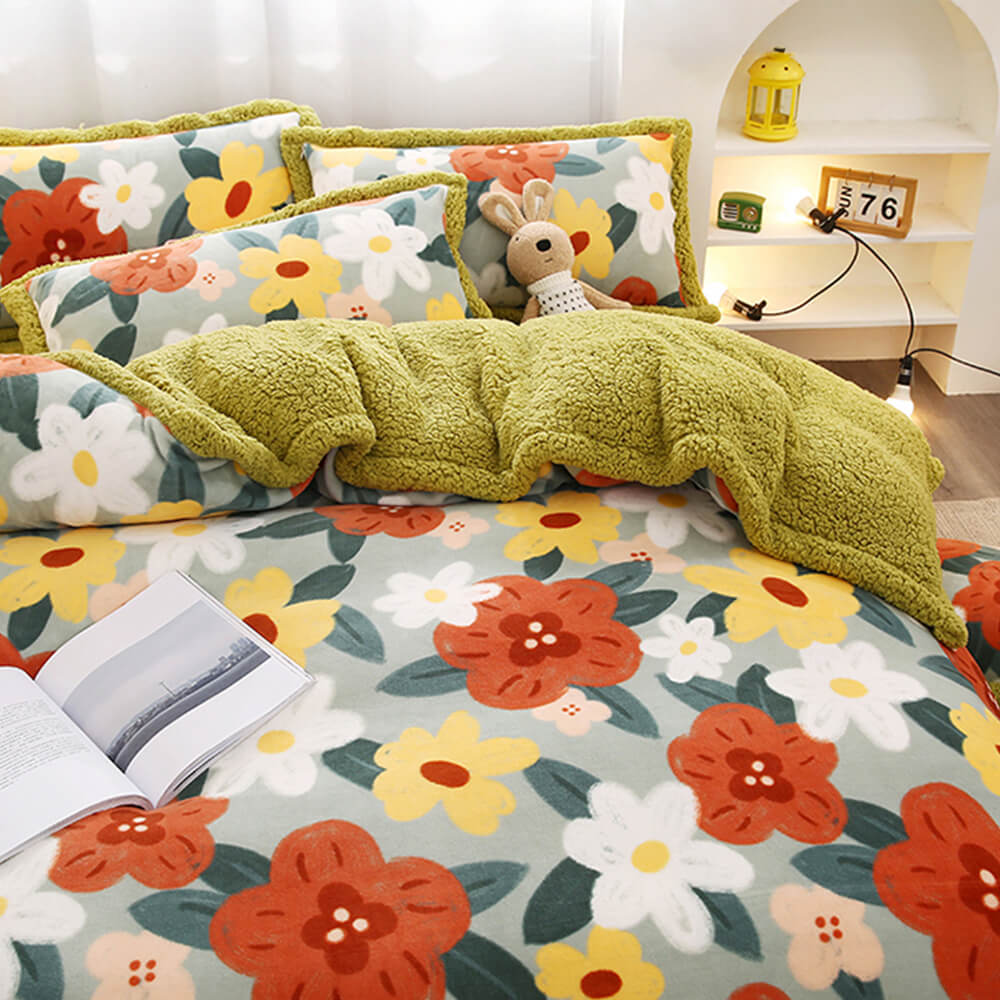 Doppelseitiges Bettlaken-Set aus Milchsamt und Sherpa mit Blumendruck