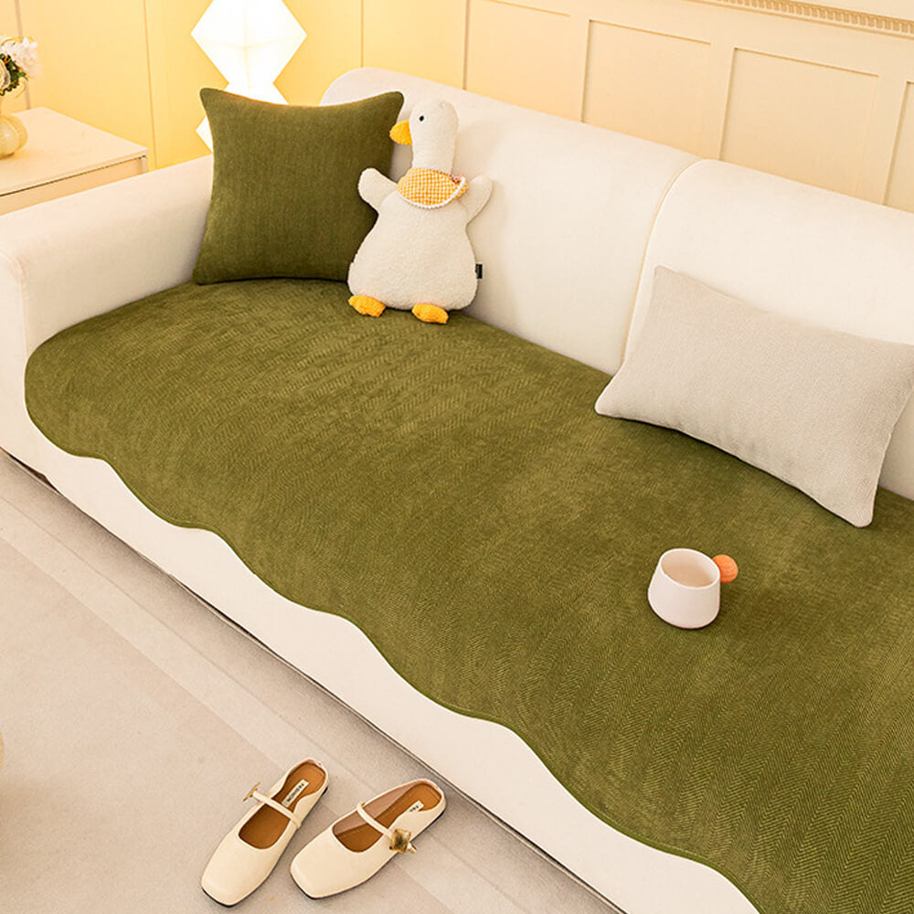 Herringbone minimalista Chenille Cubierta de sofá de borde ondulado sin deslizamiento