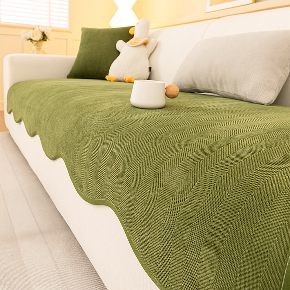 Herringbone minimalista Chenille Cubierta de sofá de borde ondulado sin deslizamiento