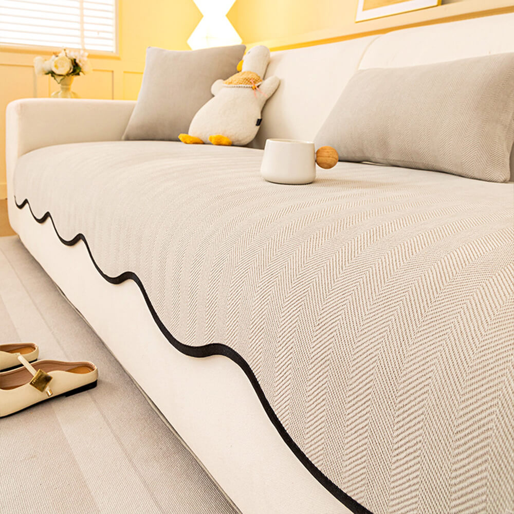 Herringbone minimalista Chenille Cubierta de sofá de borde ondulado sin deslizamiento