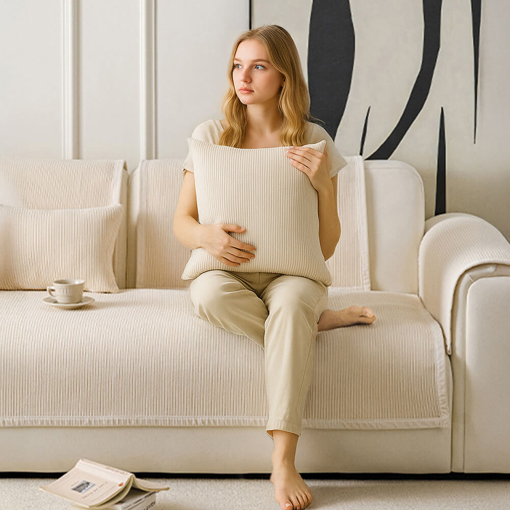 Cubierta de sofá de vellón de rayas verticales de crema moderna para todas las estaciones