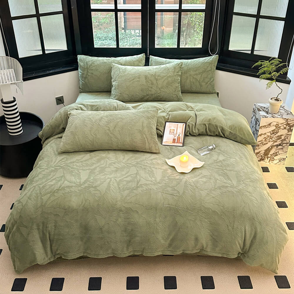 Juego de cama de terciopelo tibio en relieve natural en relieve de hoja