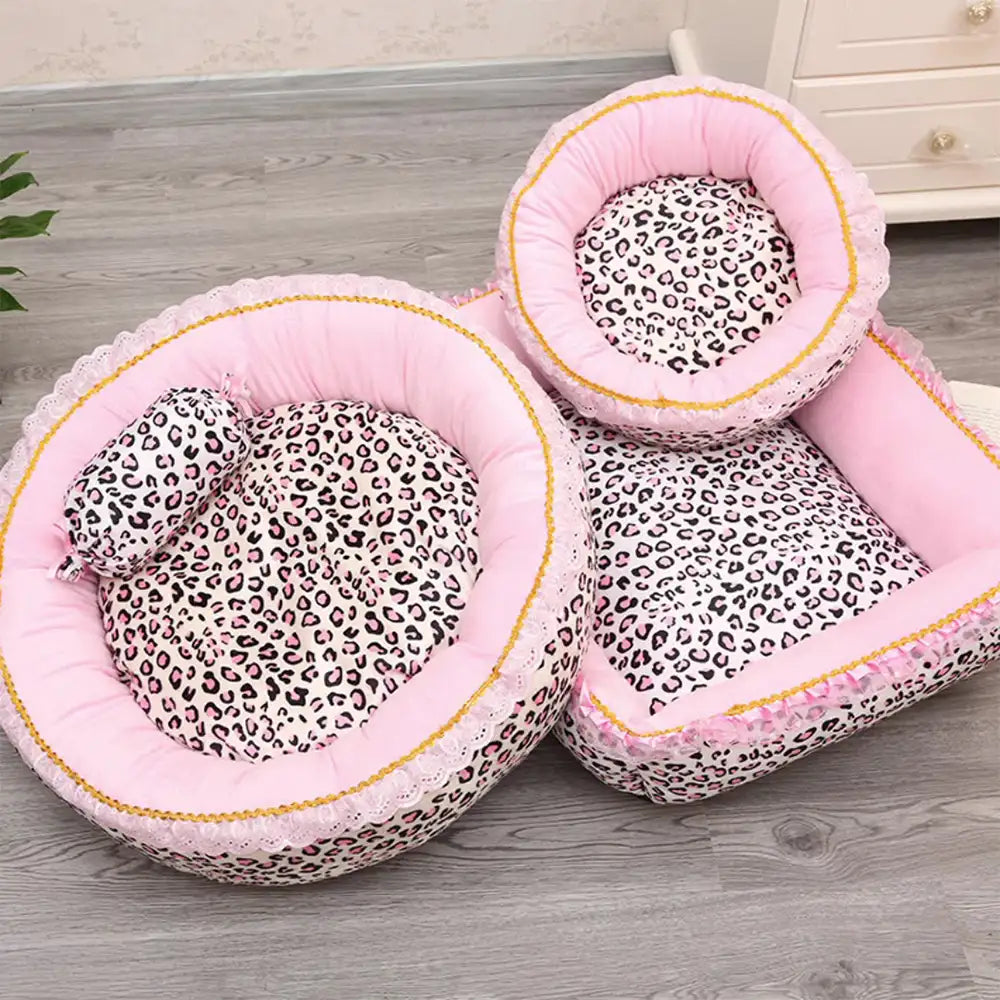 Pink Leopard Print Removable And Washable All-Season Princess Pet Bed
