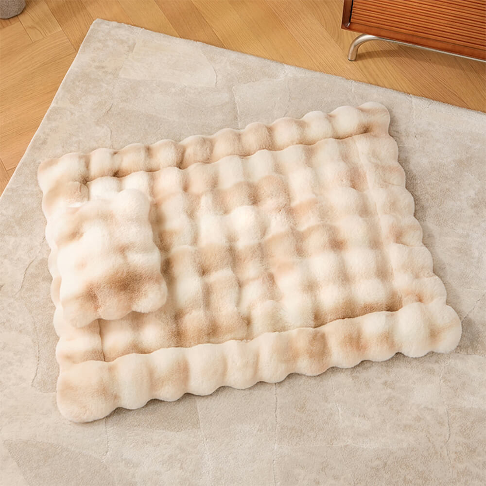 Tapis pour chien et chat en fausse fourrure de lapin ultra doux à motif ondulé avec oreiller pour animaux de compagnie