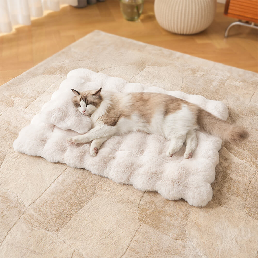 Tapis pour chien et chat en fausse fourrure de lapin ultra doux à motif ondulé avec oreiller pour animaux de compagnie