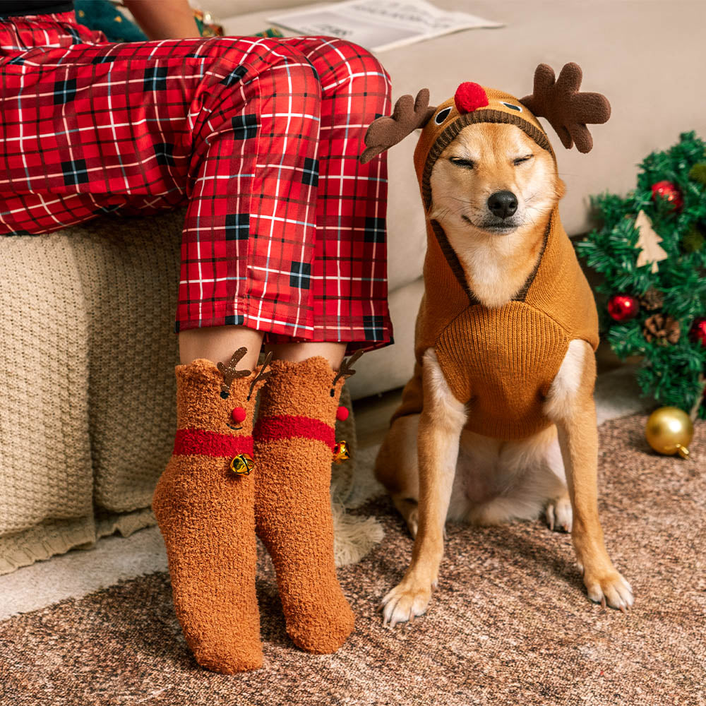 Weihnachtlich dicker, warmer Rollkragen-Hundepullover, passende Socken für Haustier und Besitzer