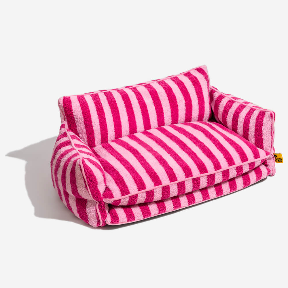 Sofá cama de gato de doble capa de lana de cordero sintética a rayas de moda