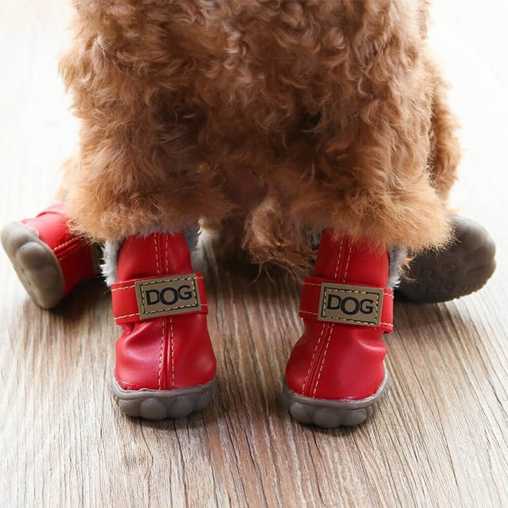 PU Leather Waterproof Anti-Slip Plush Lined Dog Boots