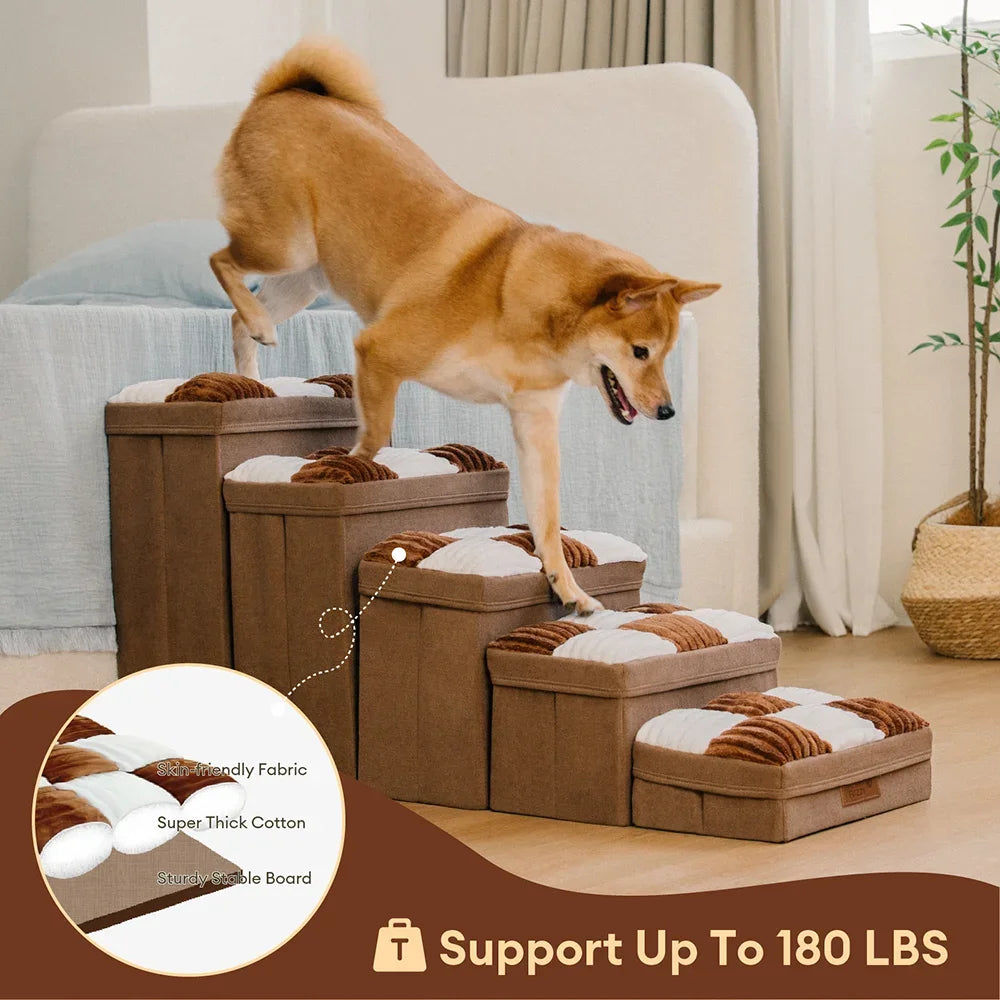 Detachable Chessboard Plaid Handcrafted Dog Stairs with Storage - Foldable Steps