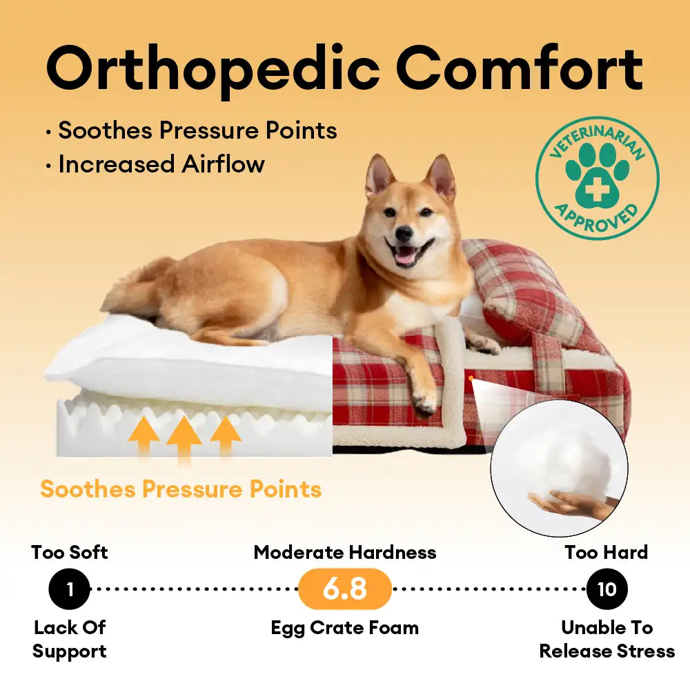 Vintage Plaid Plush Detachable Orthopedic Dog Bed with Pillow - Puppy Snug