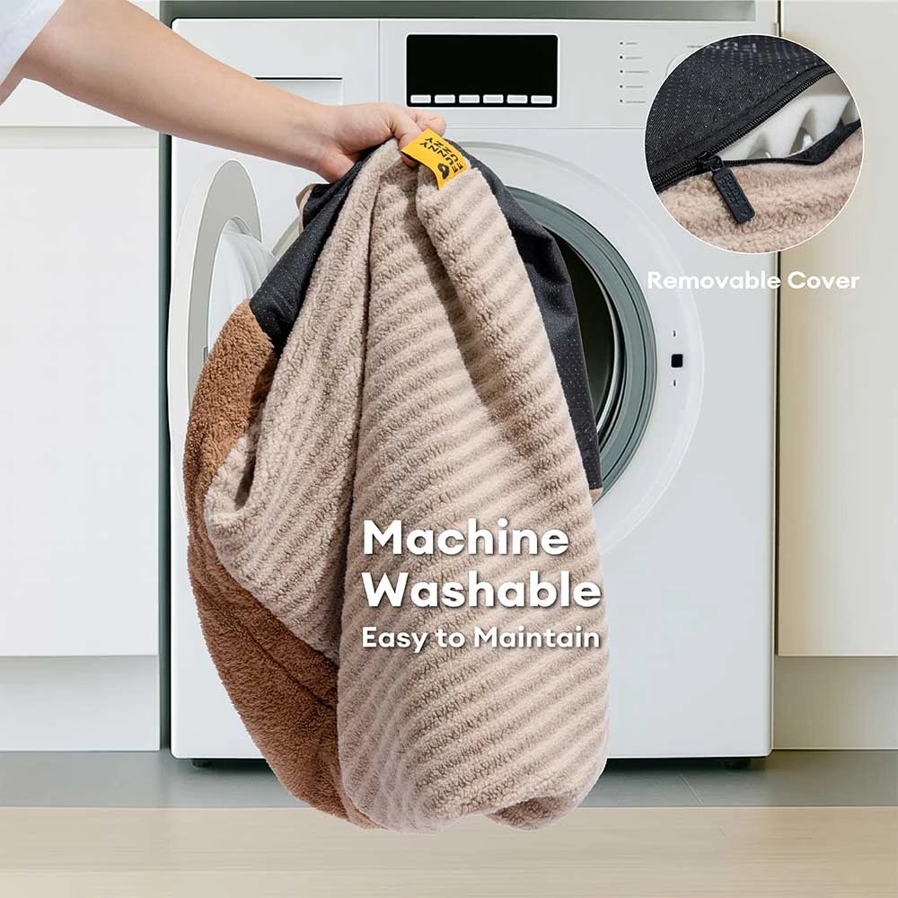 Cama de perros ortopédico de cueva de rayas de lujosa con almohada - Fluffywarm