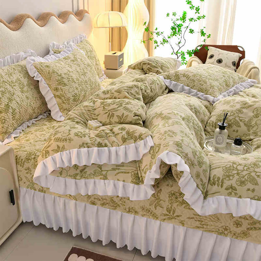 Floral Plaid Creamy Velvet Bed Sheet Set