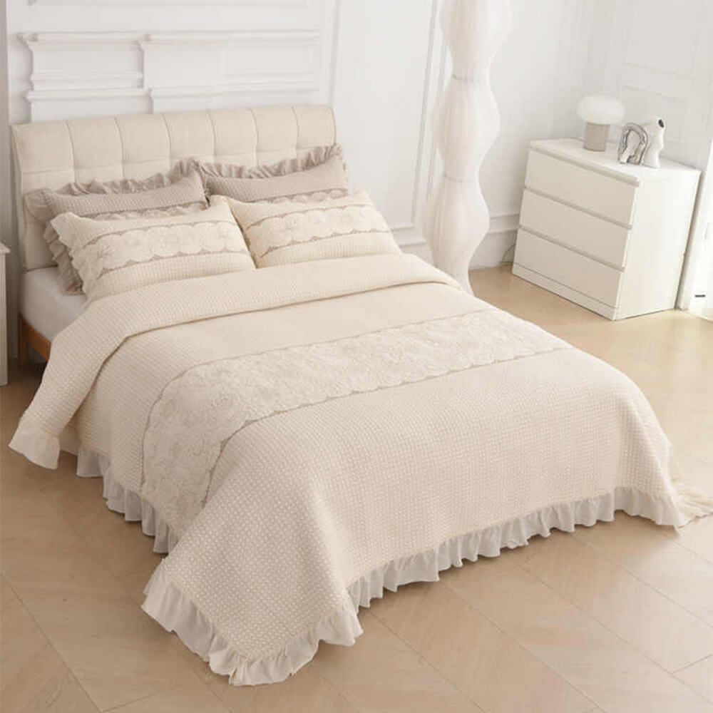 Ruffle Trim Soft Breathable Quilted Cotton Bedspread Set