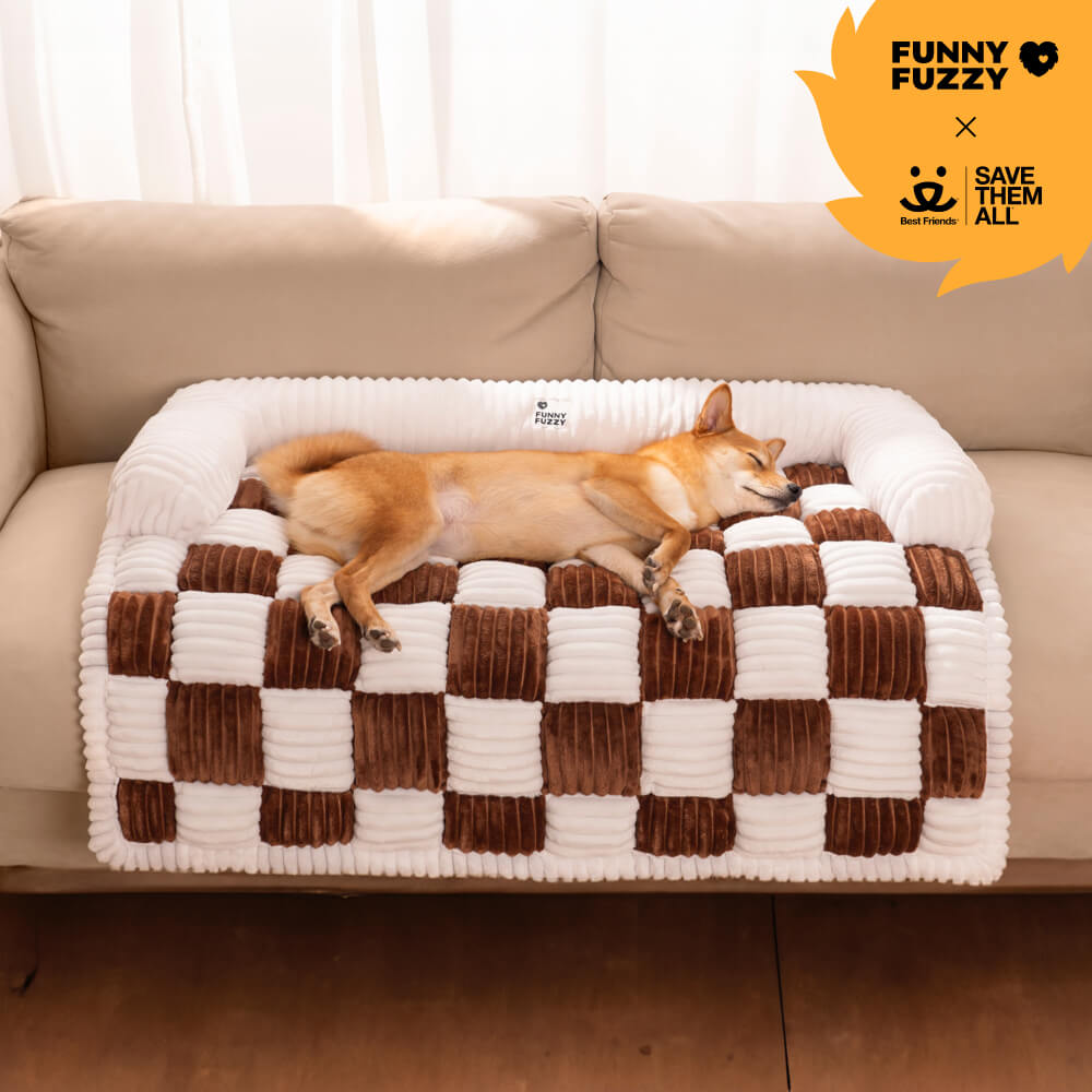 Cream Square Plaid Cozy Dog Mat Furniture Protector Cover