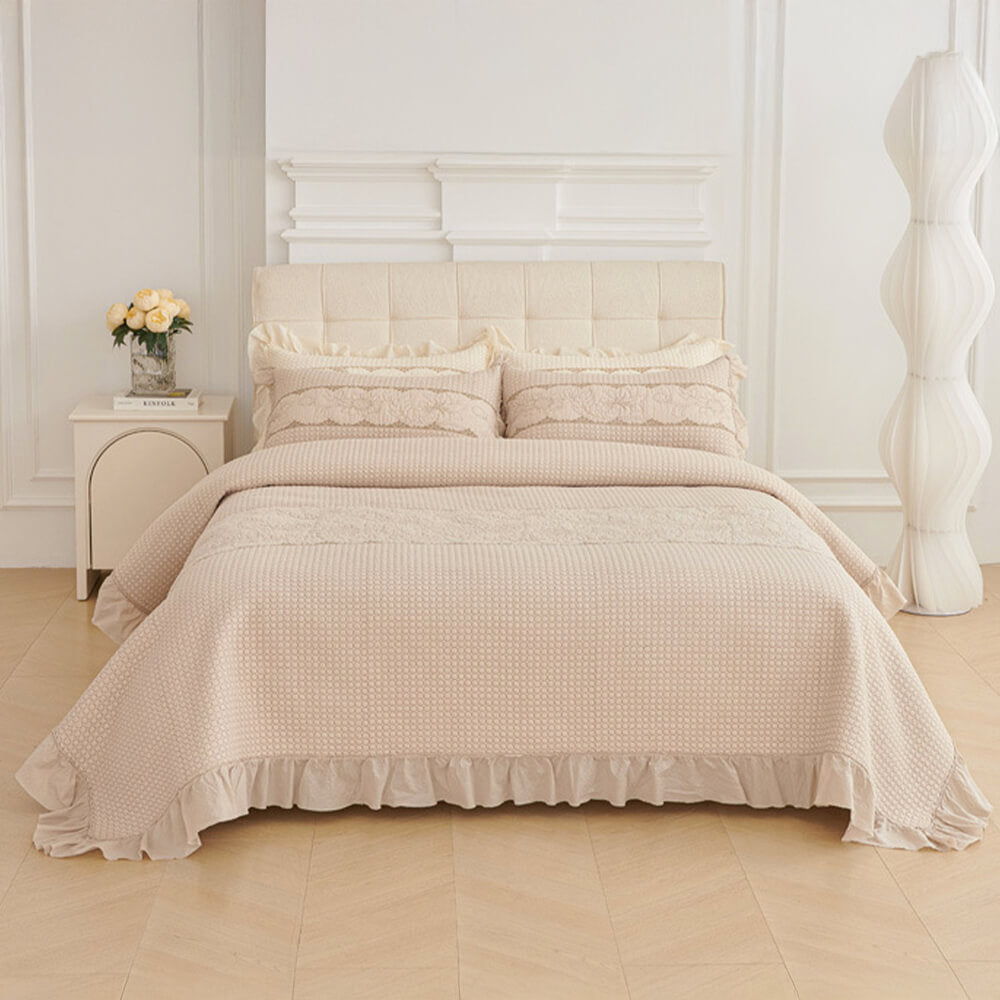 Ruffle Trim Soft Breathable Quilted Cotton Bedspread Set