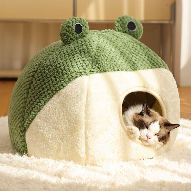 Adorable forma de rana envuelta cama para mascotas cueva para gatos