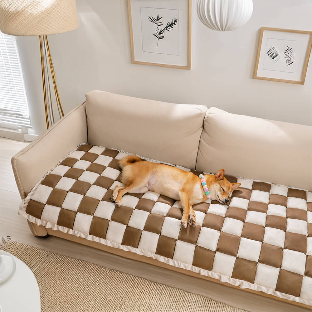Acogedora funda de sofá protectora para muebles y alfombrilla para mascotas con retales a cuadros