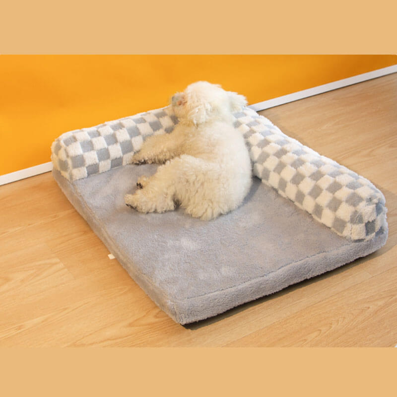 Cama grande con almohada para perros con protector de cuello suave y tablero de ajedrez