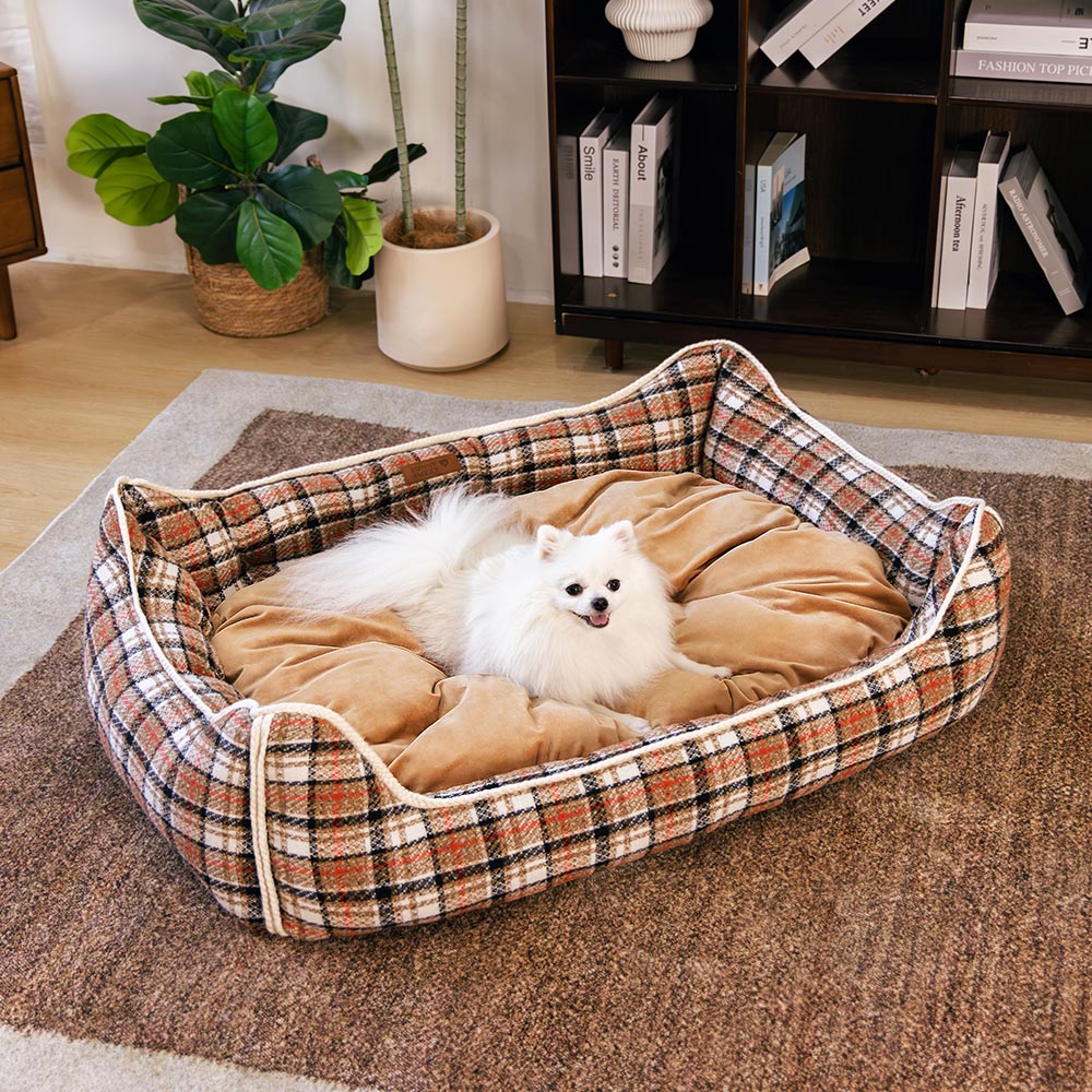 Classical Retro Plaid Removable Bolster Calming Dog Bed - Nostalgic Retreat