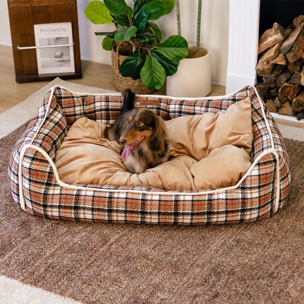 Classical Retro Plaid Removable Bolster Calming Dog Bed - Nostalgic Retreat