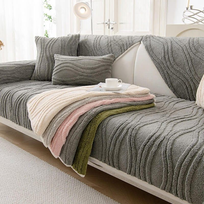 Eleganter grauer, strukturierter, rutschfester, dicker Plüsch-Couchbezug