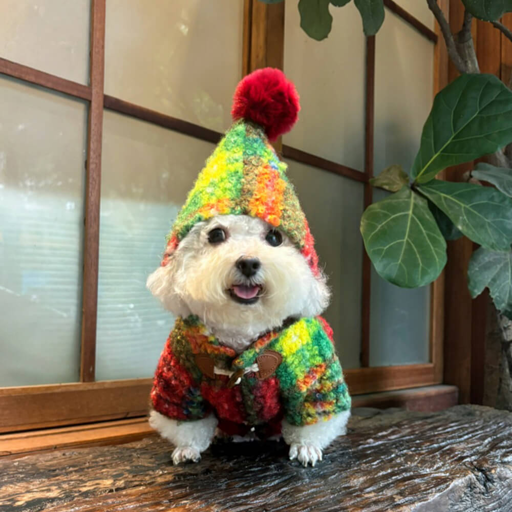 Manteau de chien à capuche chaud en laine à carreaux de Noël avec pompons