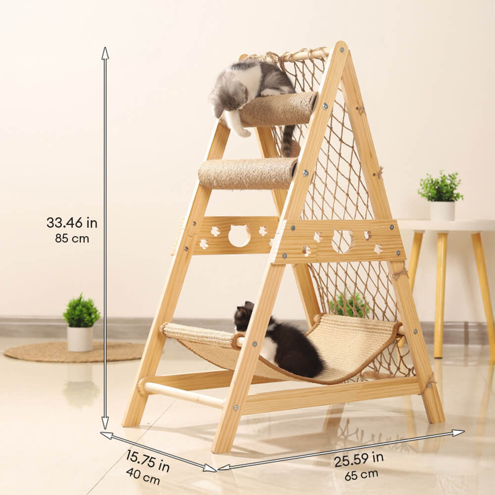 Modern Wooden Cat Tree Funny Scratching Post with Hammock Climbing Net