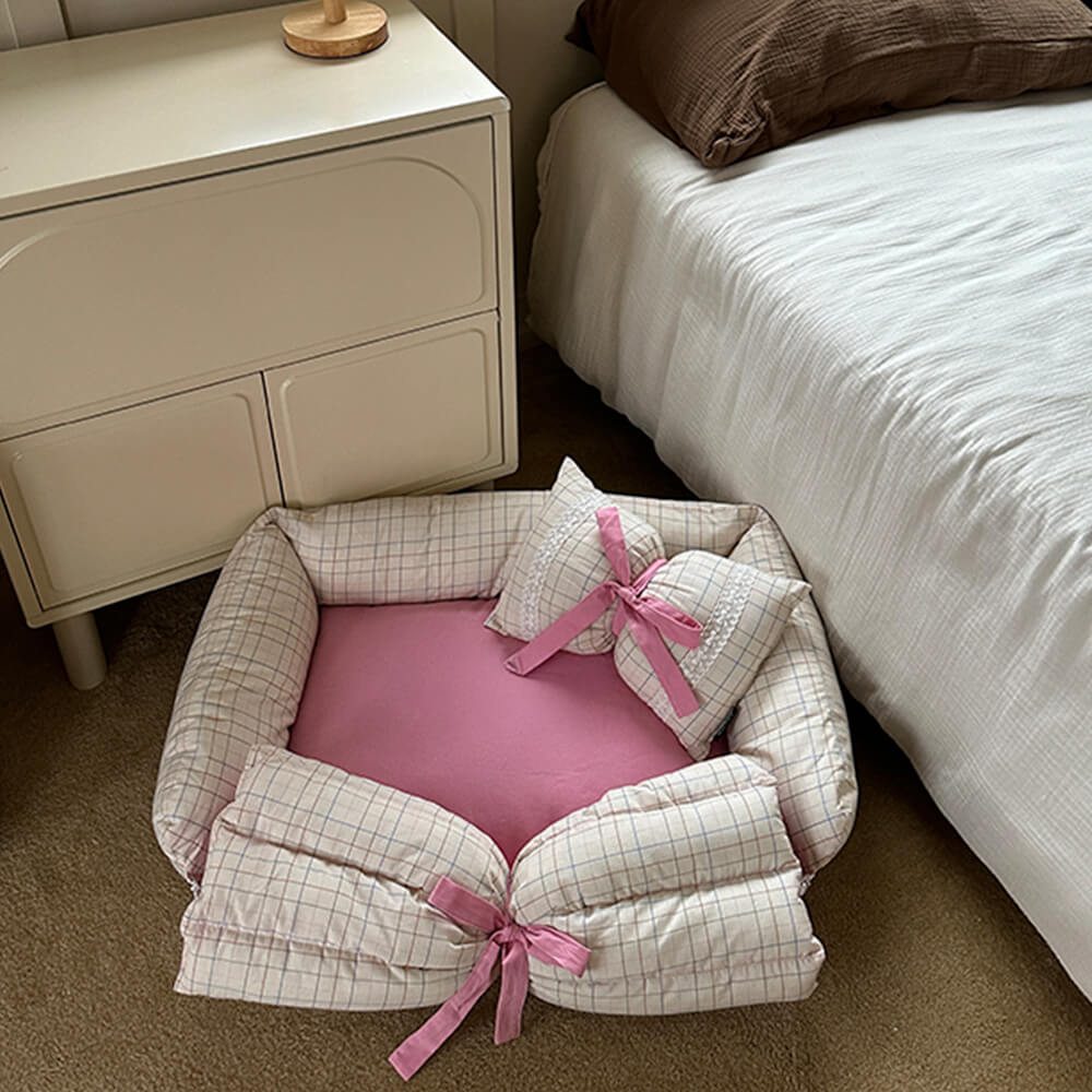 Lit romantique pour chien et chat avec nœud papillon en microfibre