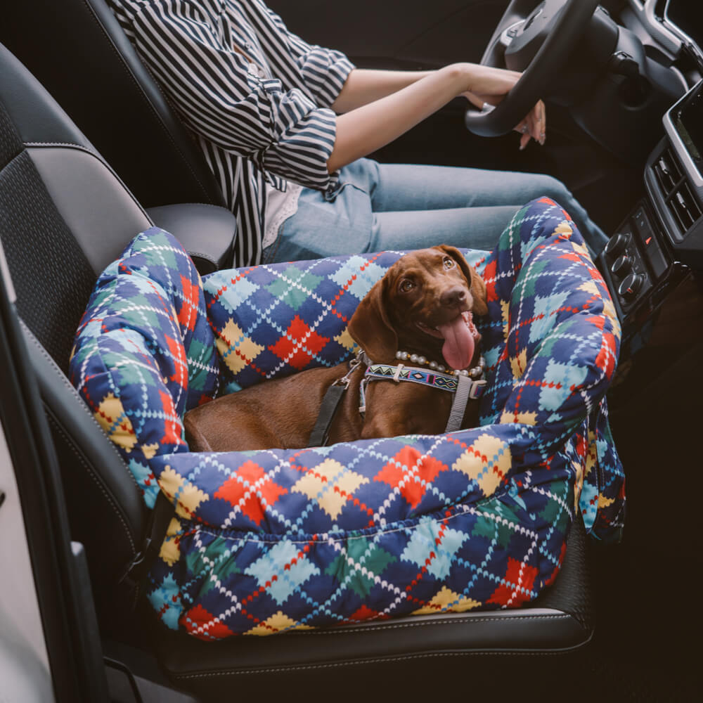 Cama para asiento de coche para perros con retazos de mezclilla vintage con refuerzo de seguridad para viajes